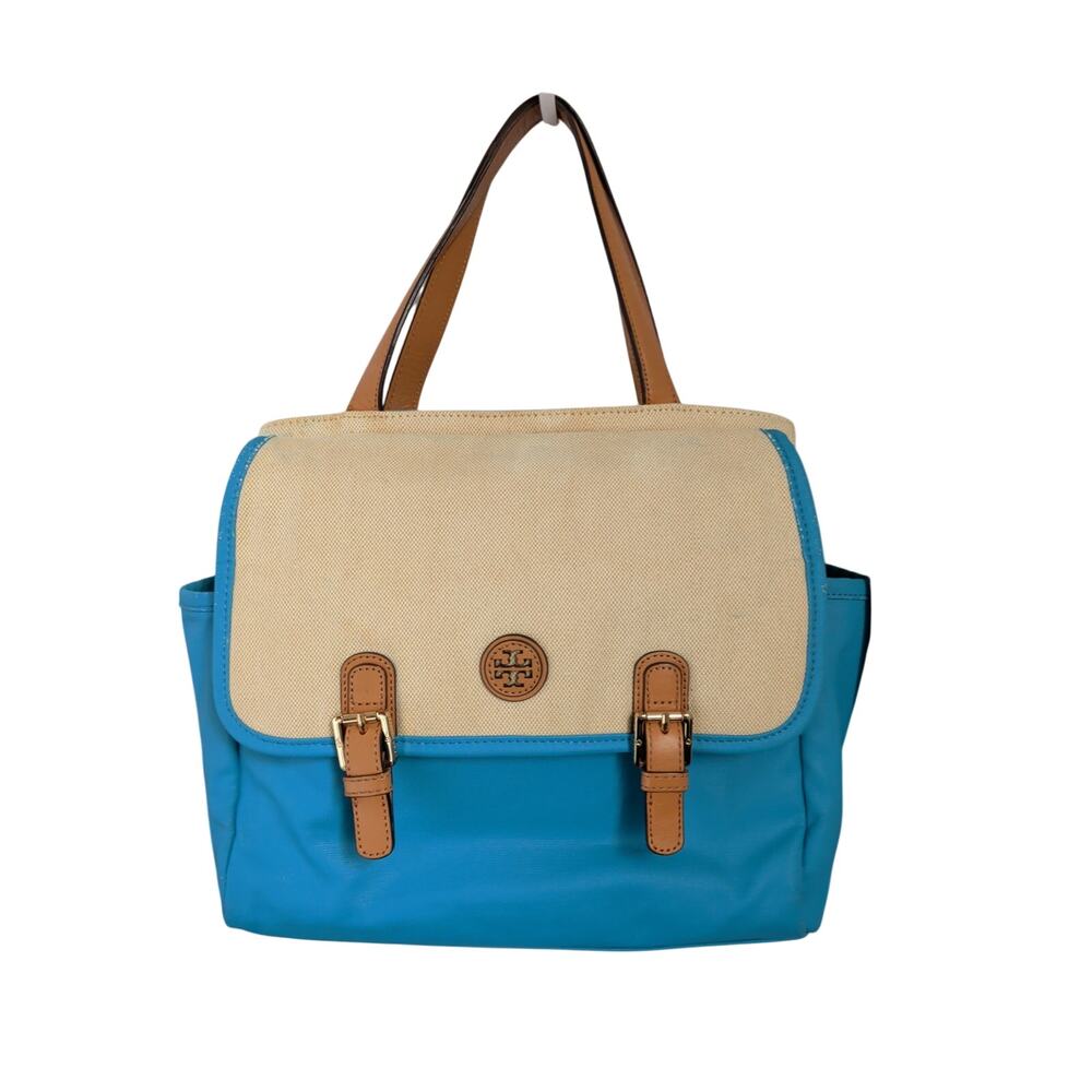 Womens Tory Burch 'Pierson' Canvas Leather Beach Tahitian Turquois